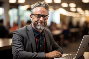 A smiling man sits at a desk with an open laptop